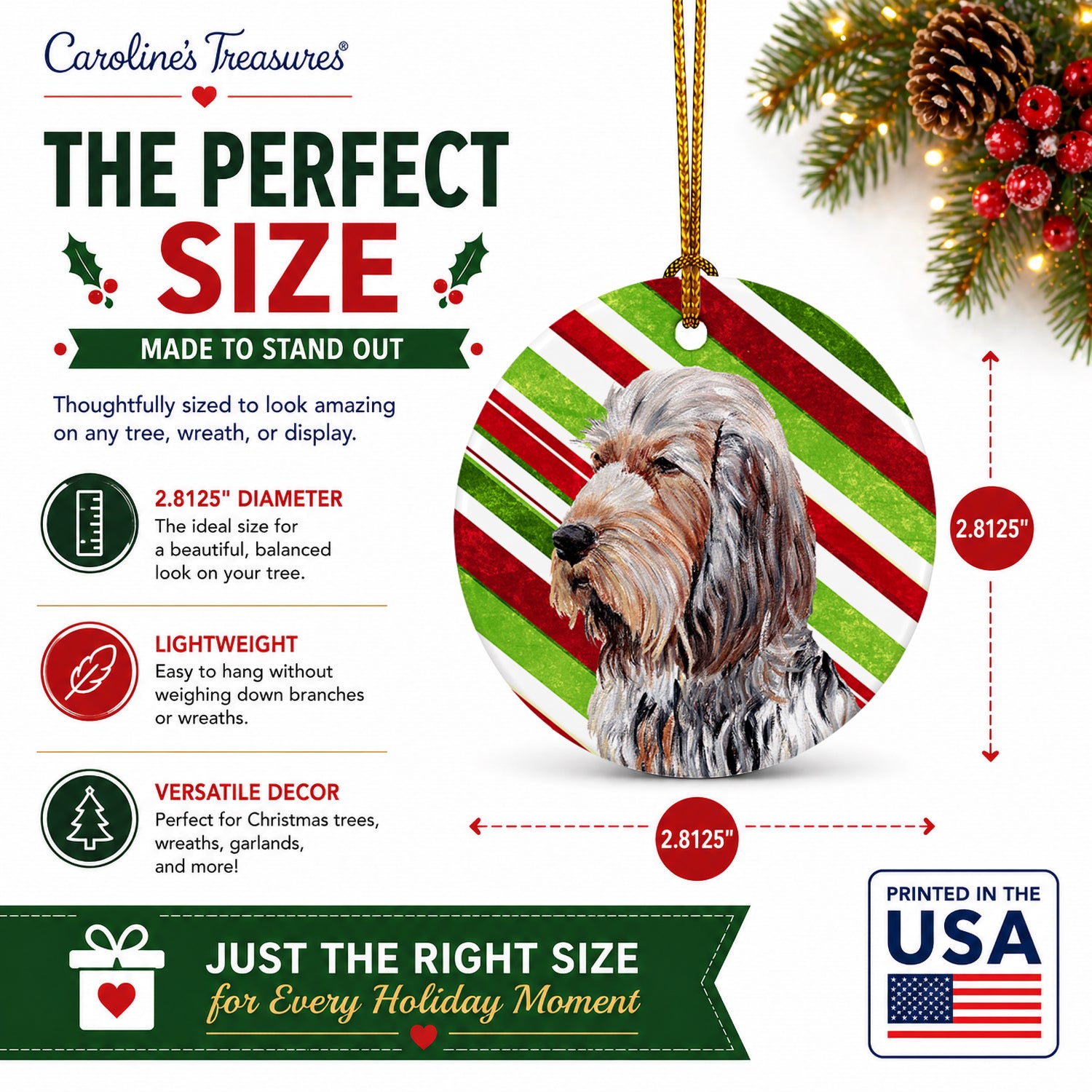 Otterhound Candy Cane Christmas Ceramic Ornament Christmas Tree Hanging Decorations for Home Christmas Holiday, Party, Gift, 3 in, Multicolor