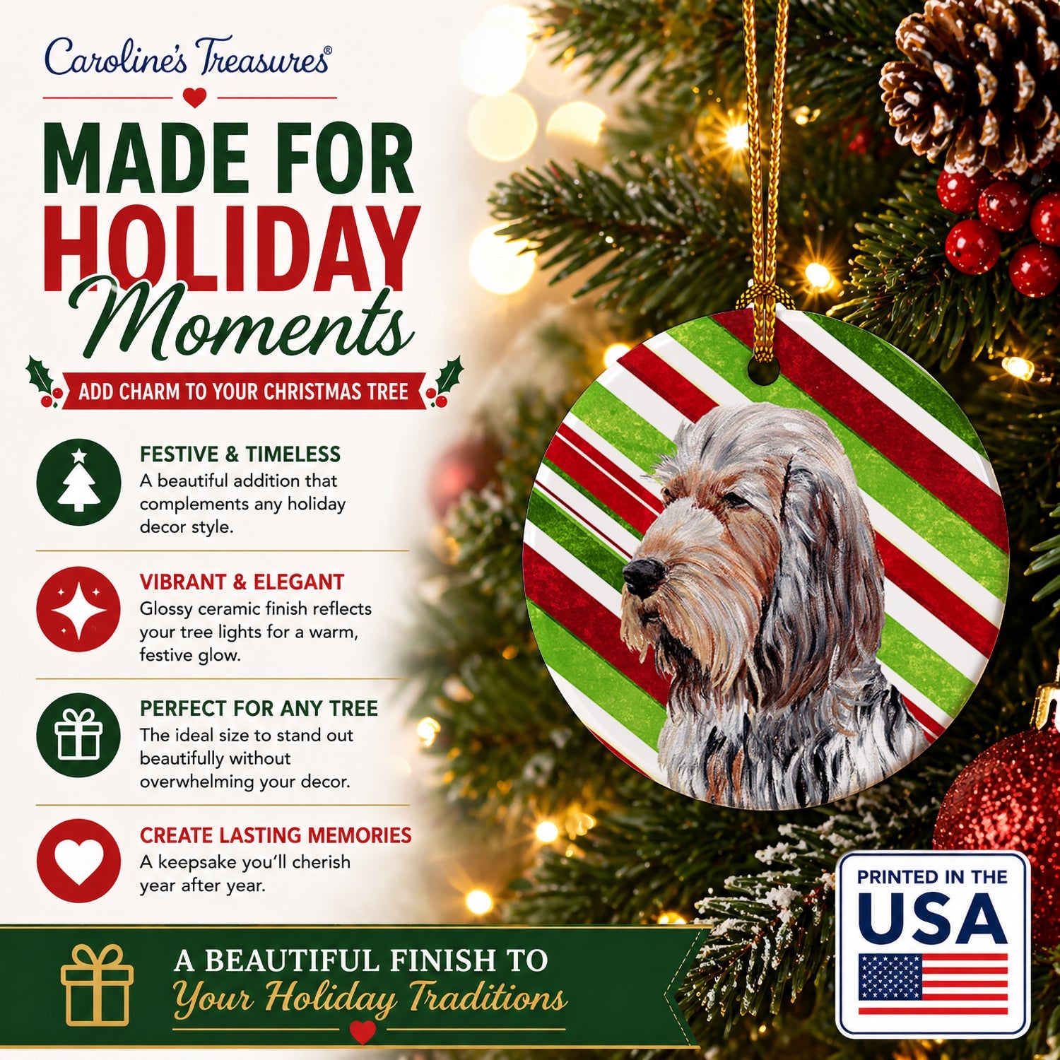 Otterhound Candy Cane Christmas Ceramic Ornament Christmas Tree Hanging Decorations for Home Christmas Holiday, Party, Gift, 3 in, Multicolor
