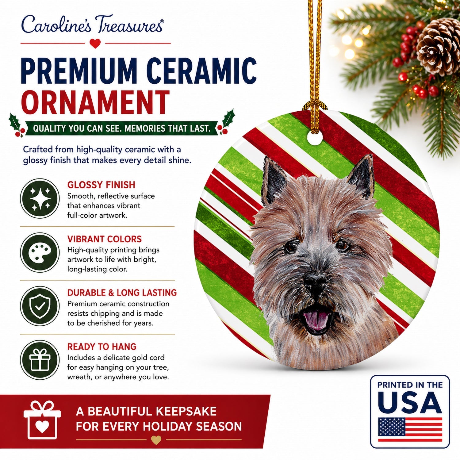 Norwich Terrier Candy Cane Christmas Ceramic Ornament Christmas Tree Hanging Decorations for Home Christmas Holiday, Party, Gift, 3 in, Multicolor