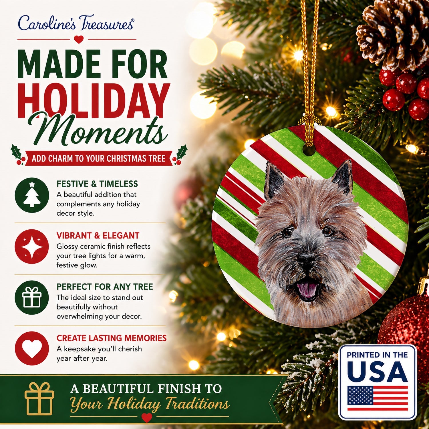 Norwich Terrier Candy Cane Christmas Ceramic Ornament Christmas Tree Hanging Decorations for Home Christmas Holiday, Party, Gift, 3 in, Multicolor