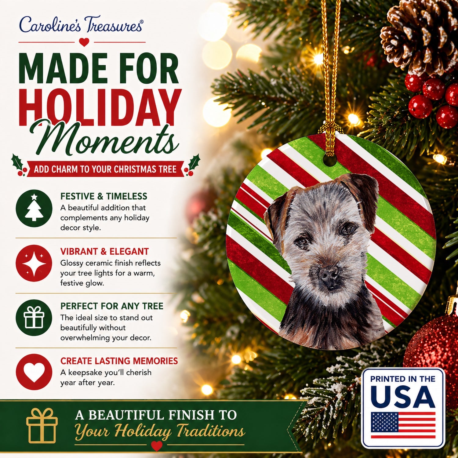 Norfolk Terrier Puppy Candy Cane Christmas Ceramic Ornament Christmas Tree Hanging Decorations for Home Christmas Holiday, Party, Gift, 3 in, Multicolor