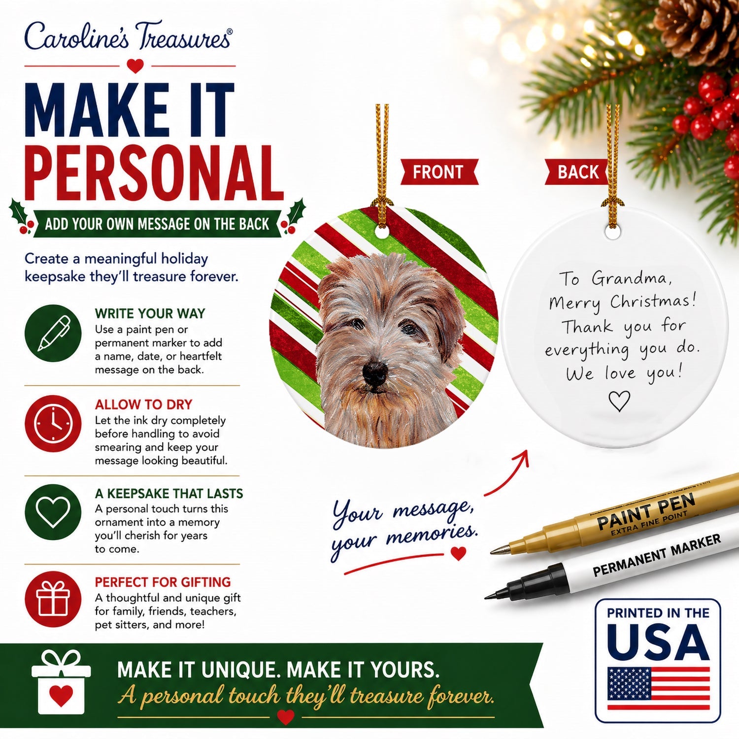 Norfolk Terrier Candy Cane Christmas Ceramic Ornament Christmas Tree Hanging Decorations for Home Christmas Holiday, Party, Gift, 3 in, Multicolor