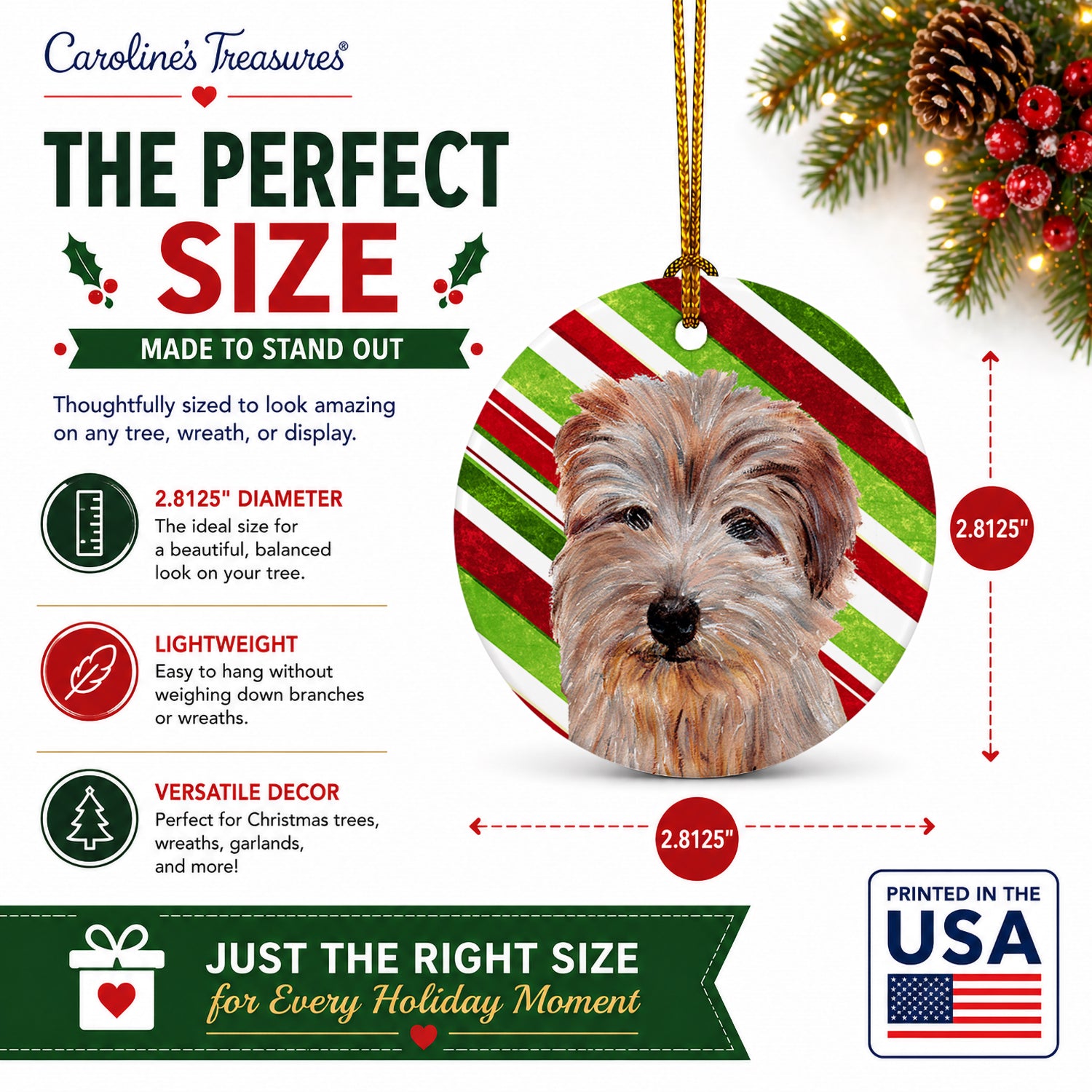 Norfolk Terrier Candy Cane Christmas Ceramic Ornament Christmas Tree Hanging Decorations for Home Christmas Holiday, Party, Gift, 3 in, Multicolor