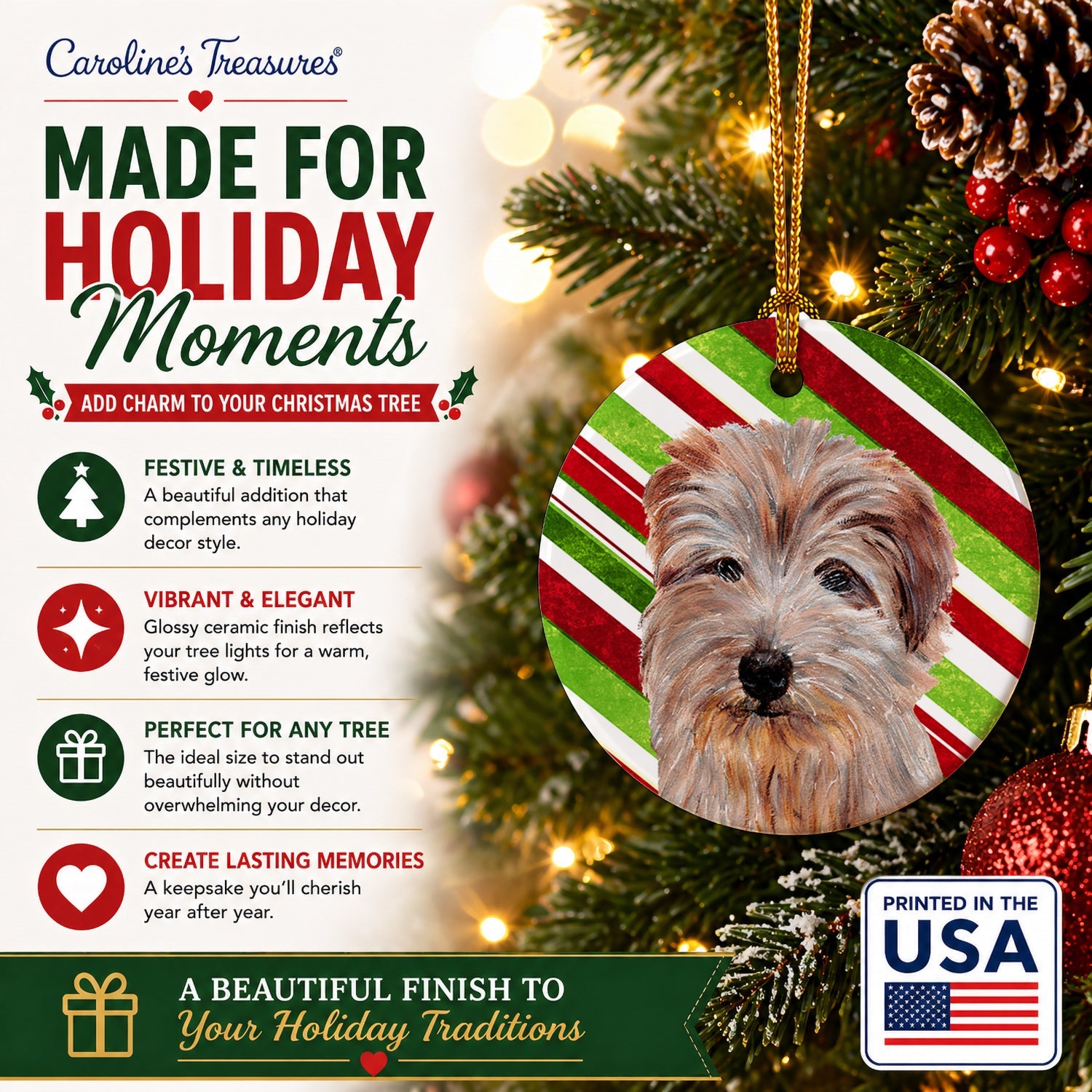 Norfolk Terrier Candy Cane Christmas Ceramic Ornament Christmas Tree Hanging Decorations for Home Christmas Holiday, Party, Gift, 3 in, Multicolor