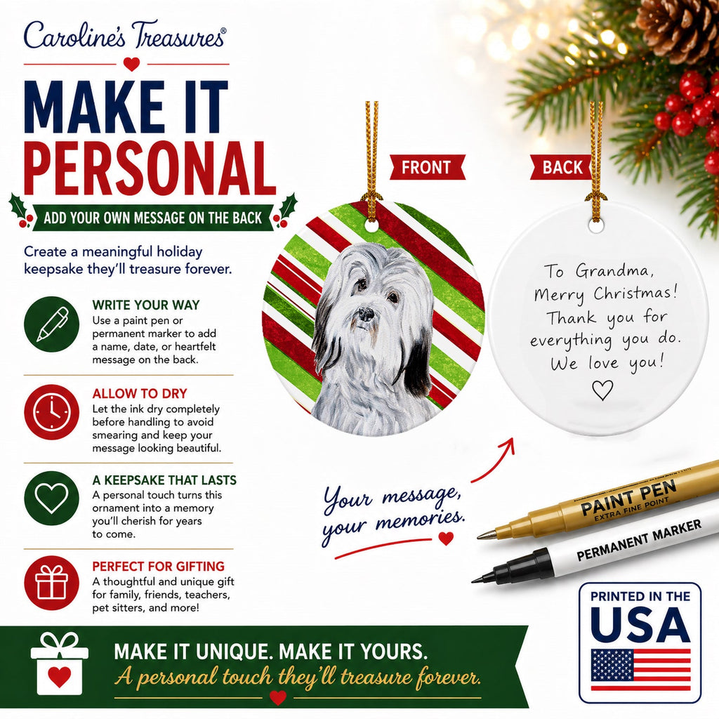 Havanese Candy Cane Christmas Ceramic Ornament Christmas Tree Hanging Decorations for Home Christmas Holiday, Party, Gift, 3 in, Multicolor