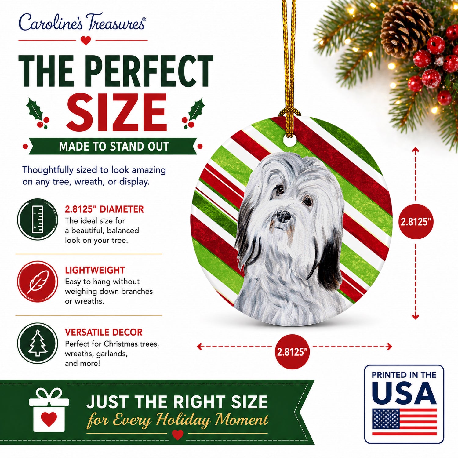 Havanese Candy Cane Christmas Ceramic Ornament Christmas Tree Hanging Decorations for Home Christmas Holiday, Party, Gift, 3 in, Multicolor