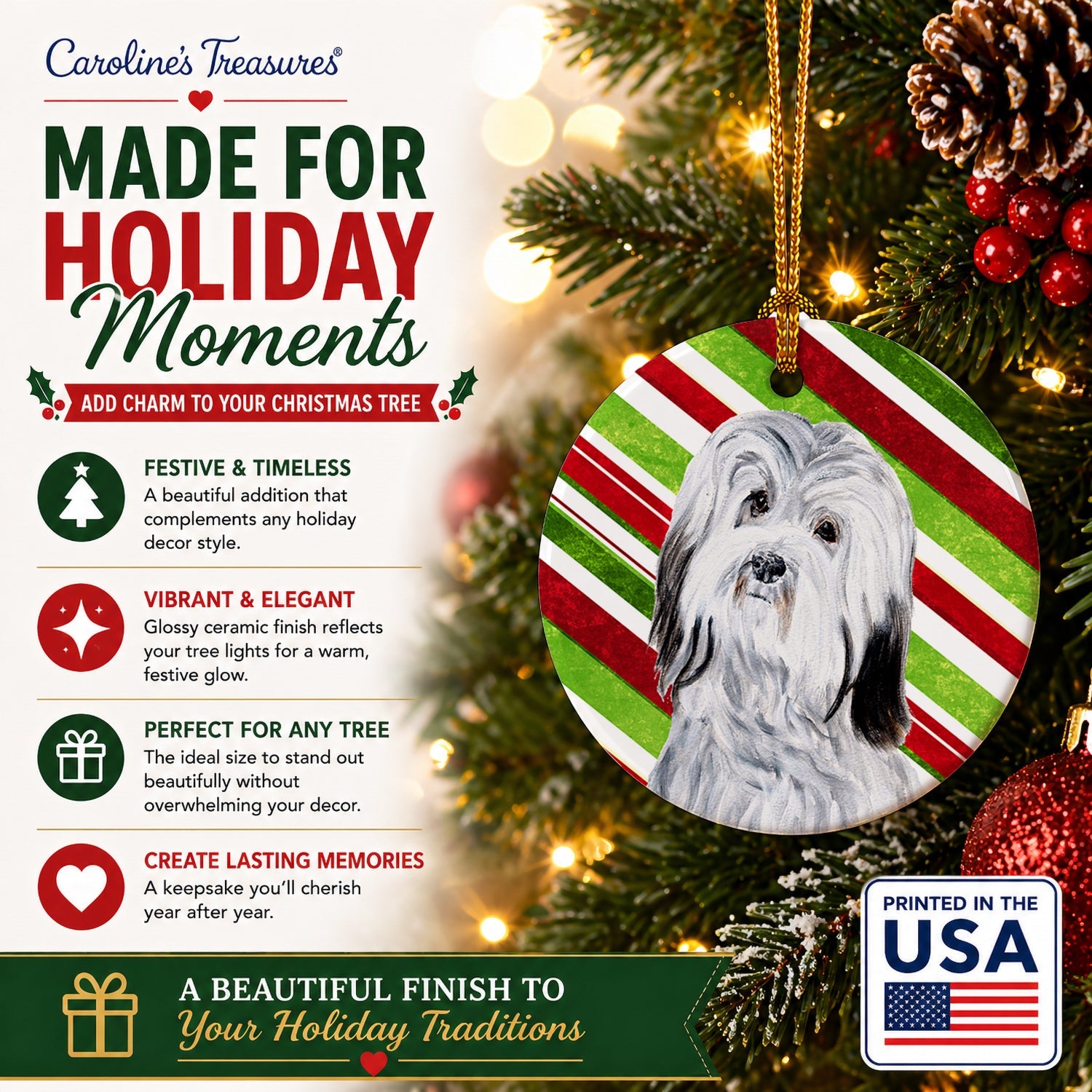 Havanese Candy Cane Christmas Ceramic Ornament Christmas Tree Hanging Decorations for Home Christmas Holiday, Party, Gift, 3 in, Multicolor