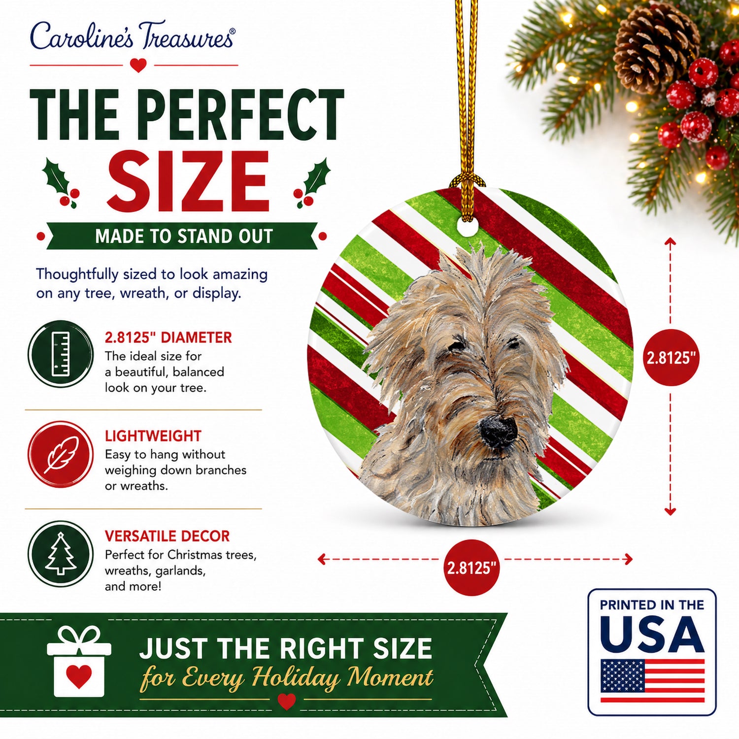 Golden Doodle 2 Candy Cane Christmas Ceramic Ornament Christmas Tree Hanging Decorations for Home Christmas Holiday, Party, Gift, 3 in, Multicolor