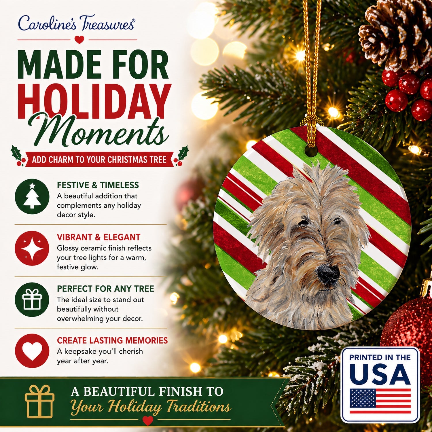 Golden Doodle 2 Candy Cane Christmas Ceramic Ornament Christmas Tree Hanging Decorations for Home Christmas Holiday, Party, Gift, 3 in, Multicolor
