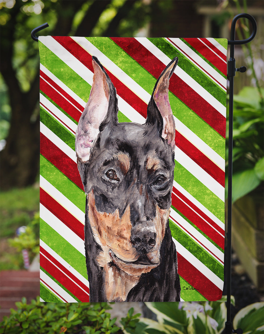 German Pinscher Candy Cane Christmas Garden Flag Mailbox Decorative Yard Banner Outside Patio Artwork for Flower Beds, Garden Size, Multicolor