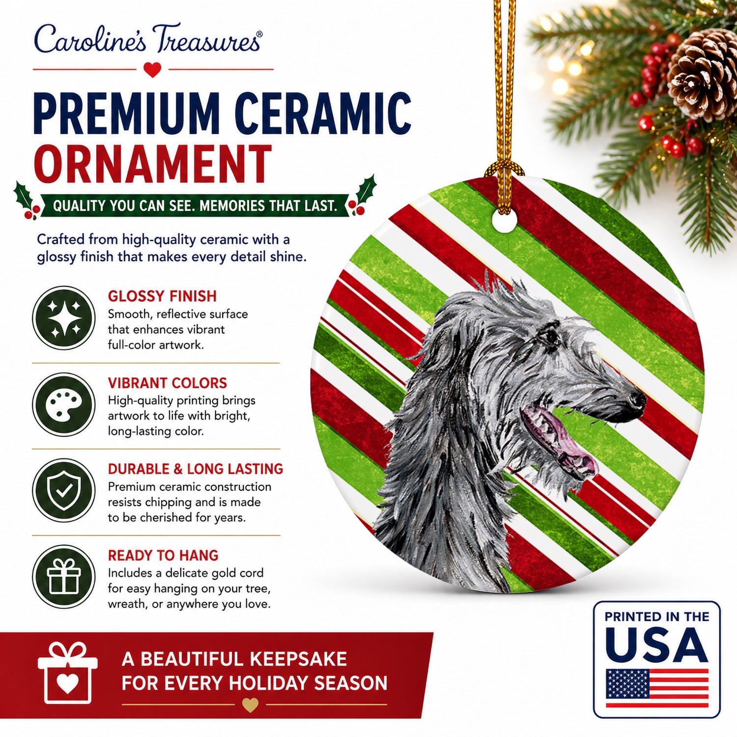 Scottish Deerhound Candy Cane Christmas Ceramic Ornament Christmas Tree Hanging Decorations for Home Christmas Holiday, Party, Gift, 3 in, Multicolor