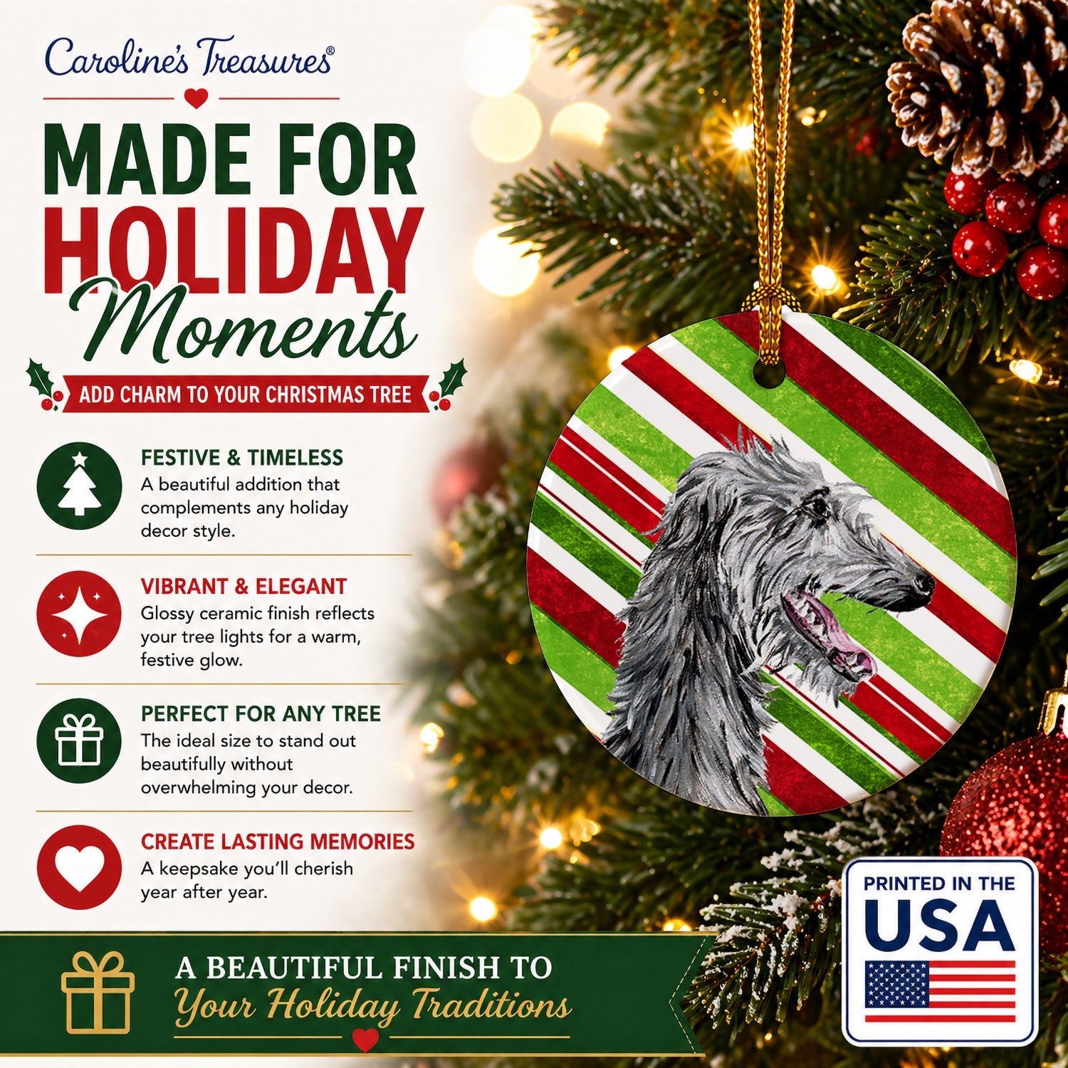 Scottish Deerhound Candy Cane Christmas Ceramic Ornament Christmas Tree Hanging Decorations for Home Christmas Holiday, Party, Gift, 3 in, Multicolor