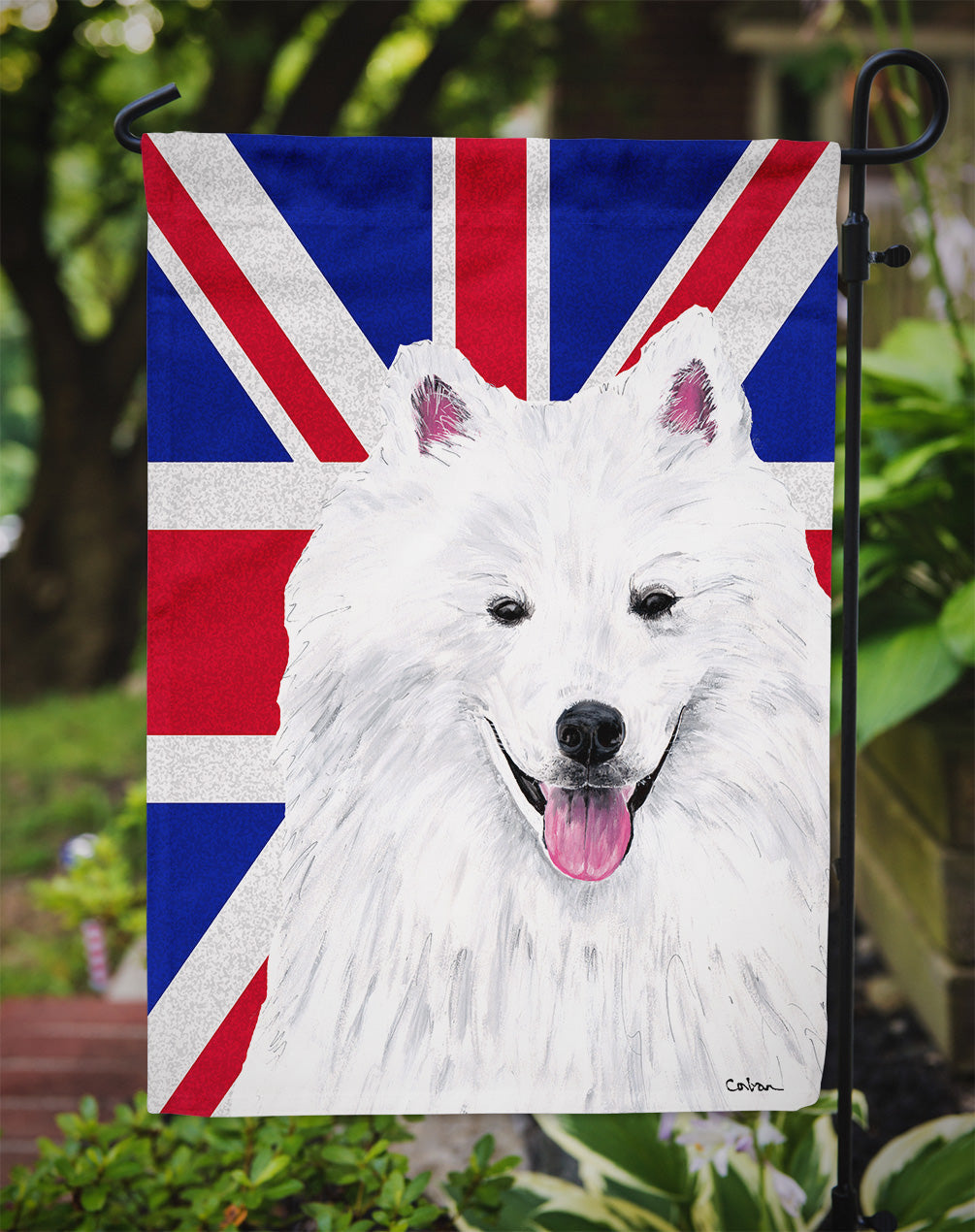 American Eskimo with English Union Jack British Flag Garden Flag Mailbox Decorative Yard Banner Outside Patio Artwork for Flower Beds, Garden Size, Multicolor