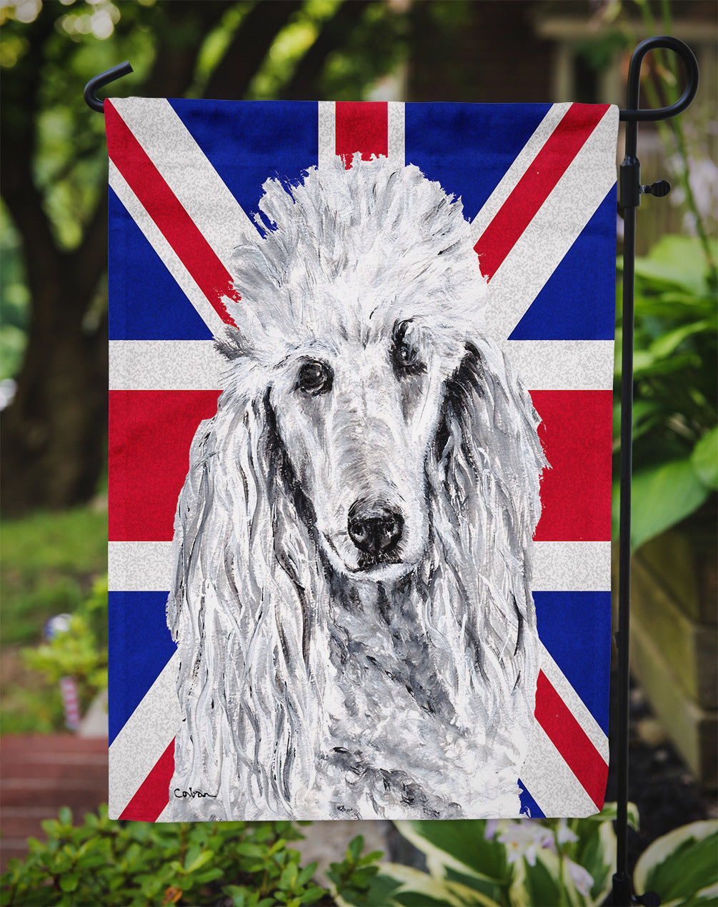 White Standard Poodle with English Union Jack British Flag Garden Flag Mailbox Decorative Yard Banner Outside Patio Artwork for Flower Beds, Garden Size, Multicolor