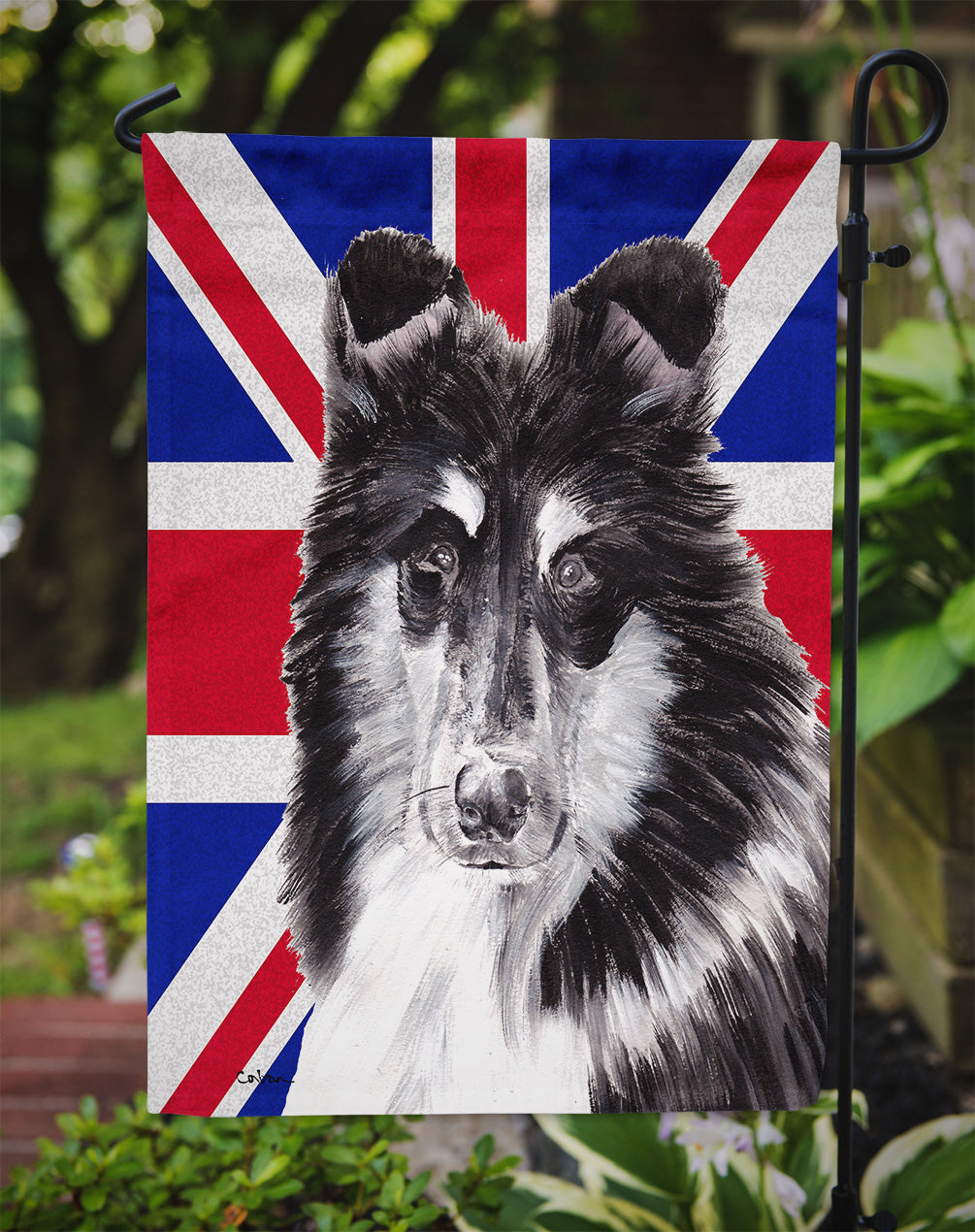 Black and White Collie with English Union Jack British Flag Garden Flag Mailbox Decorative Yard Banner Outside Patio Artwork for Flower Beds, Garden Size, Multicolor
