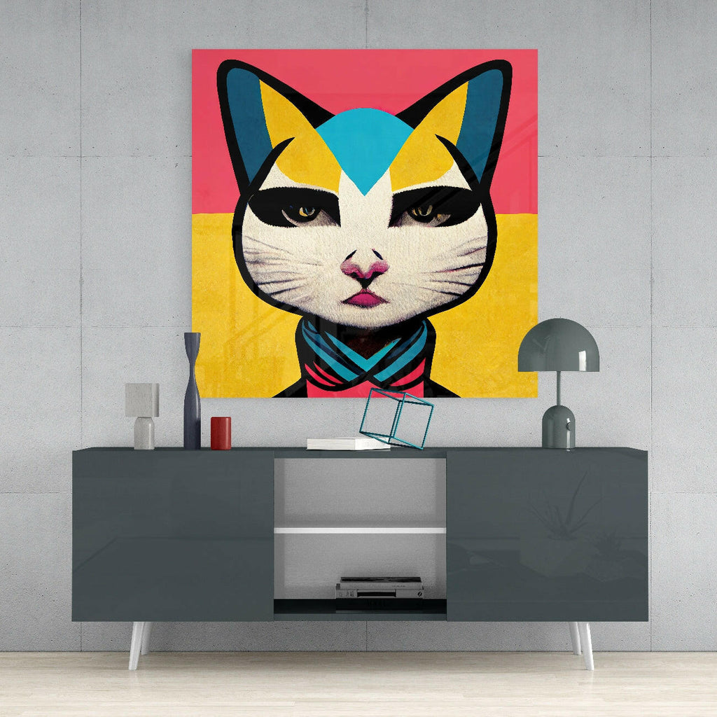 Pop Art Cat Pink and Yellow Split Glass Wall Art