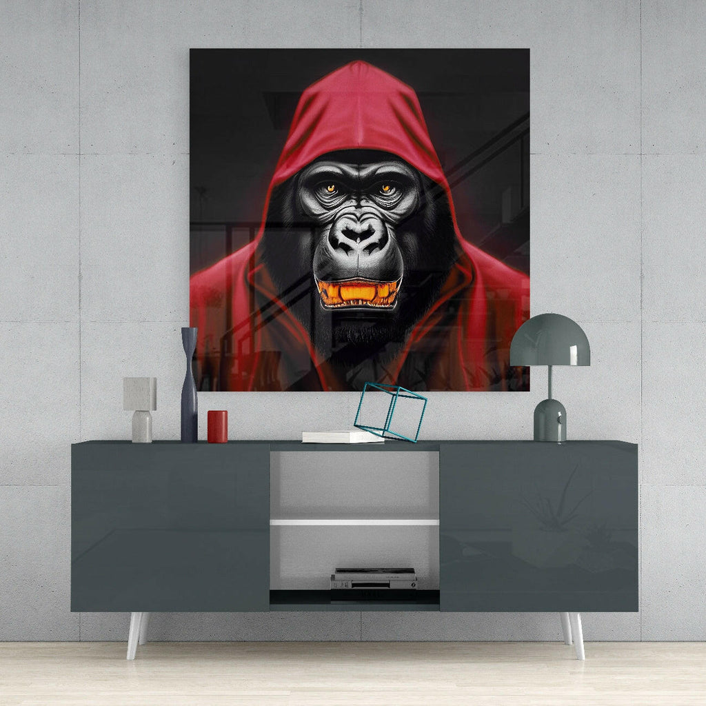 Red Hooded Gorilla with Gold Teeth Glass Wall Art