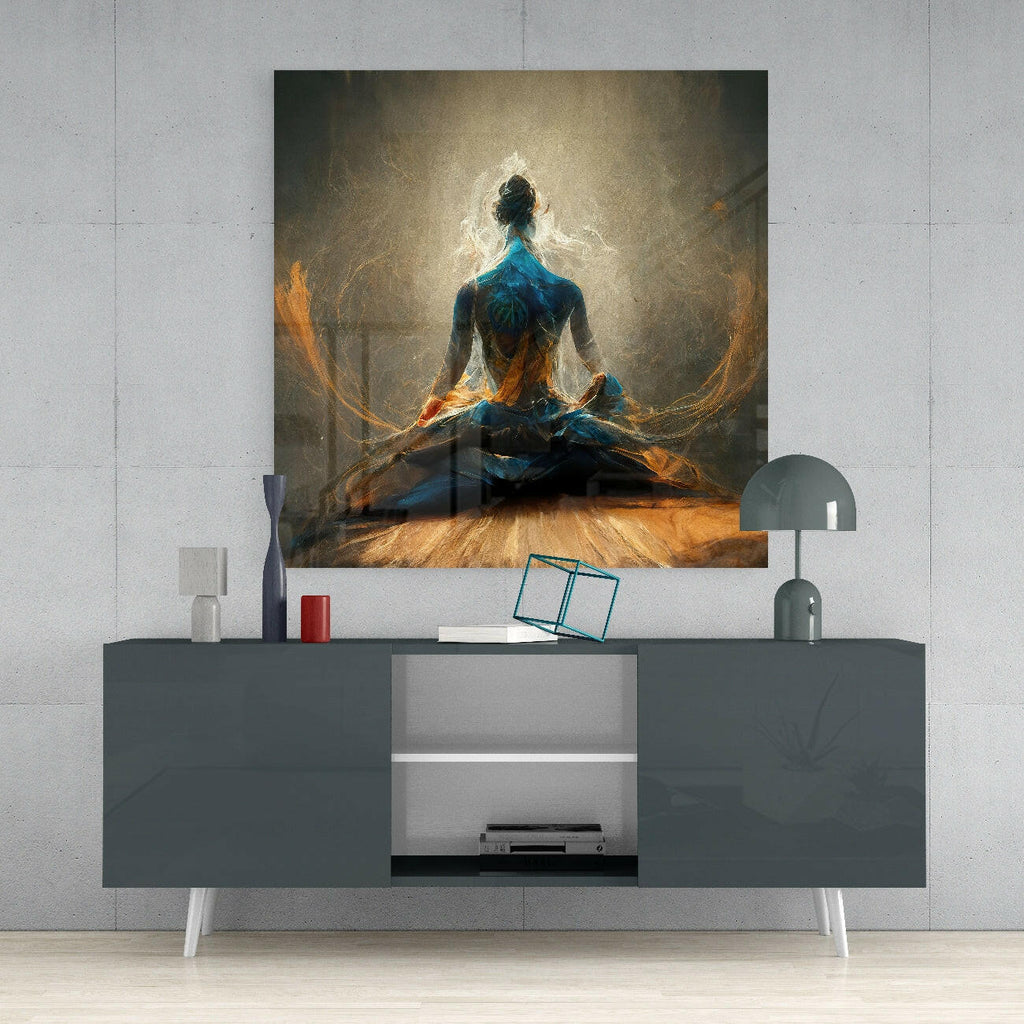 Blue And Amber Energy Meditation Glass Wall Art