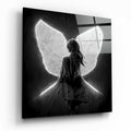 Glowing White Neon Wings Girl Glass Wall Art