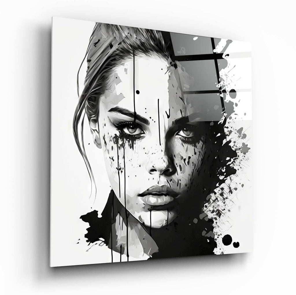 Black and White Ink Splash Woman Face Glass Wall Art