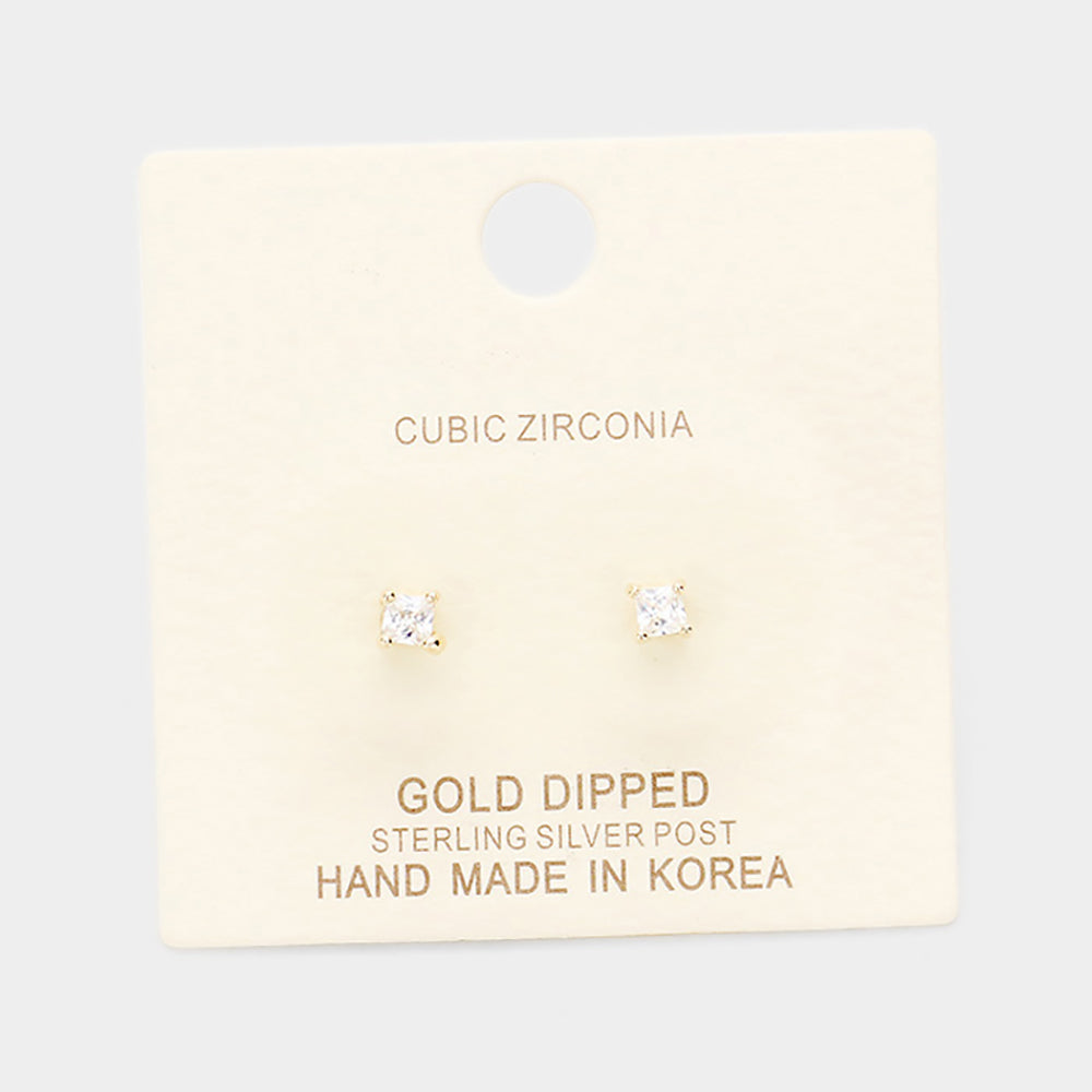 Gold Dipped 3mm Cubic Zirconia Square Stud Earrings