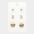 3Pairs - Turquoise Owl Wisdom Message Stud Earrings