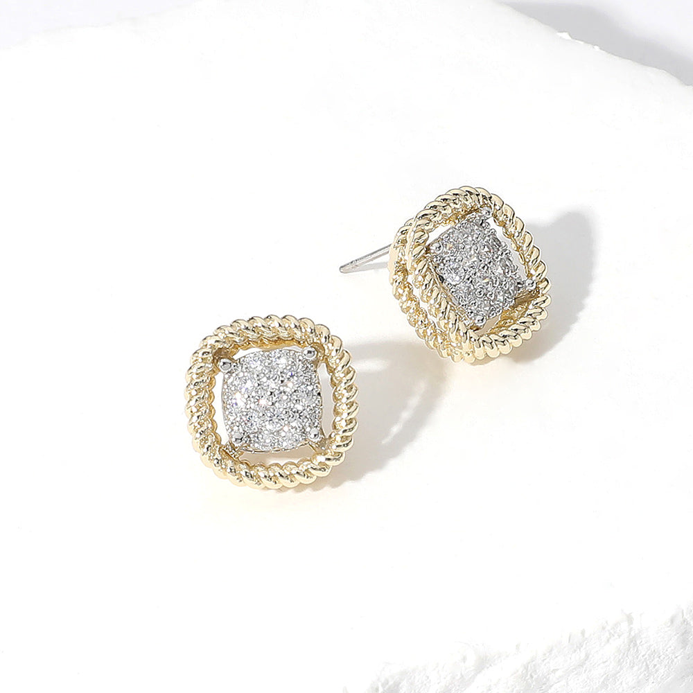 CZ Embellished Curved Square Stud Earrings