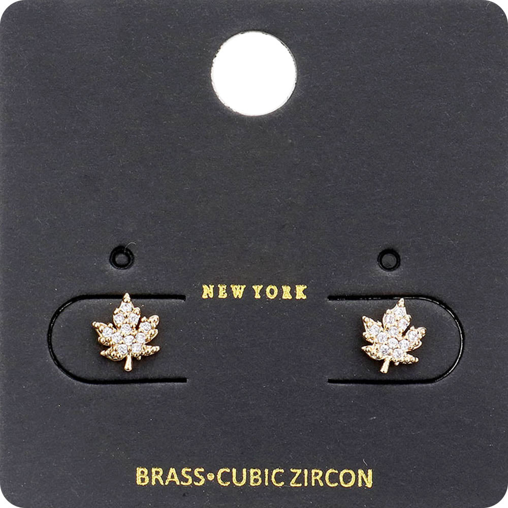 CZ Stone Embellished Brass Metal Maple Leaf Stud Earrings