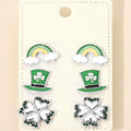 3Pairs - St Patricks Clover Hat Rainbow Stud Earring Set