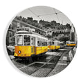 Yellow Trams Cobbled Street Glass Wall Art
