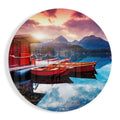 Red Boats Mountain Lake Sunrise Glass Wall Art