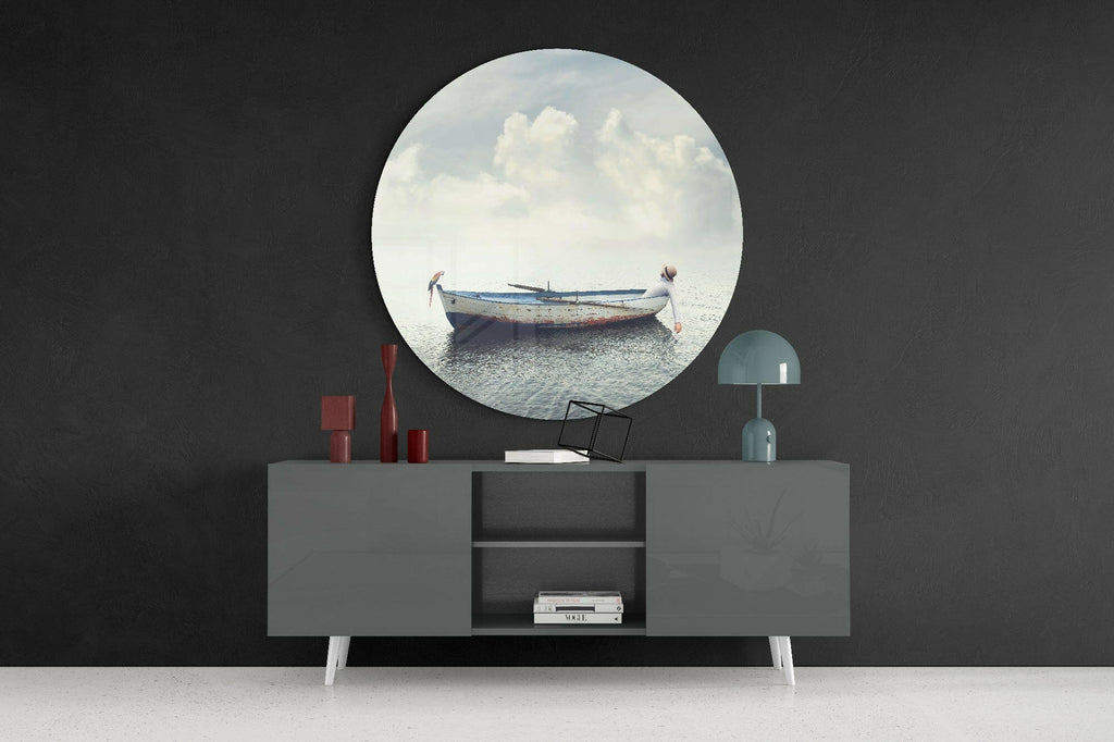 Circular Dreamy Sea Boat Scene Glass Wall Art