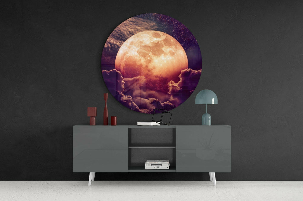 Round Glowing Moon In Purple Sky Glass Wall Art