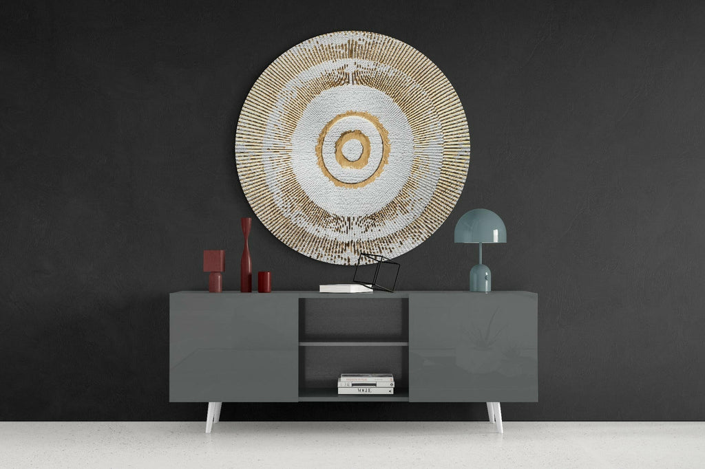 White Gold Bullseye Rays Glass Wall Art