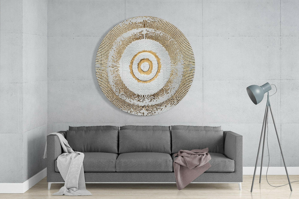 White Gold Bullseye Rays Glass Wall Art