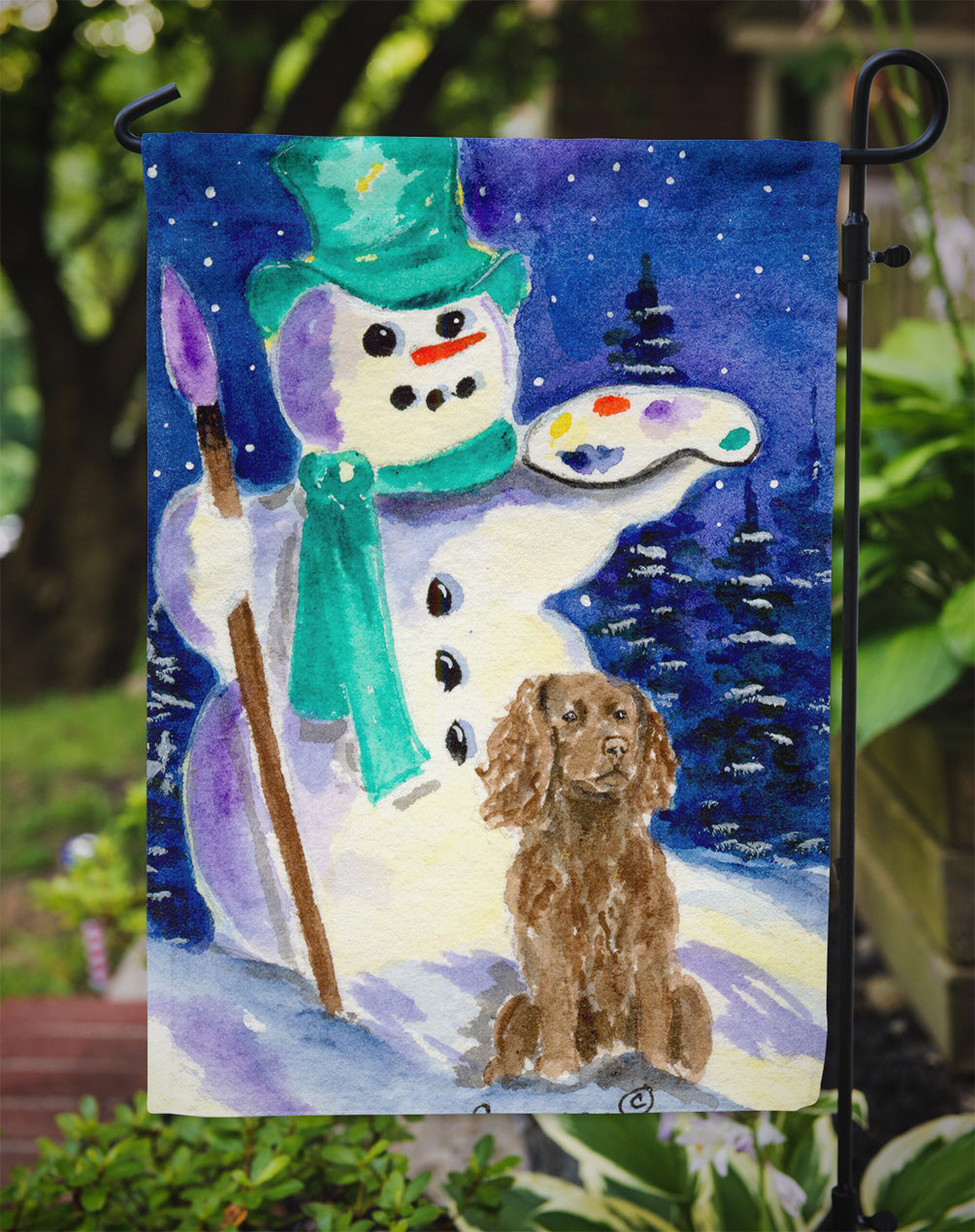 Artist Snowman with Boykin Spaniel Garden Flag Mailbox Decorative Yard Banner Outside Patio Artwork for Flower Beds, Garden Size, Multicolor