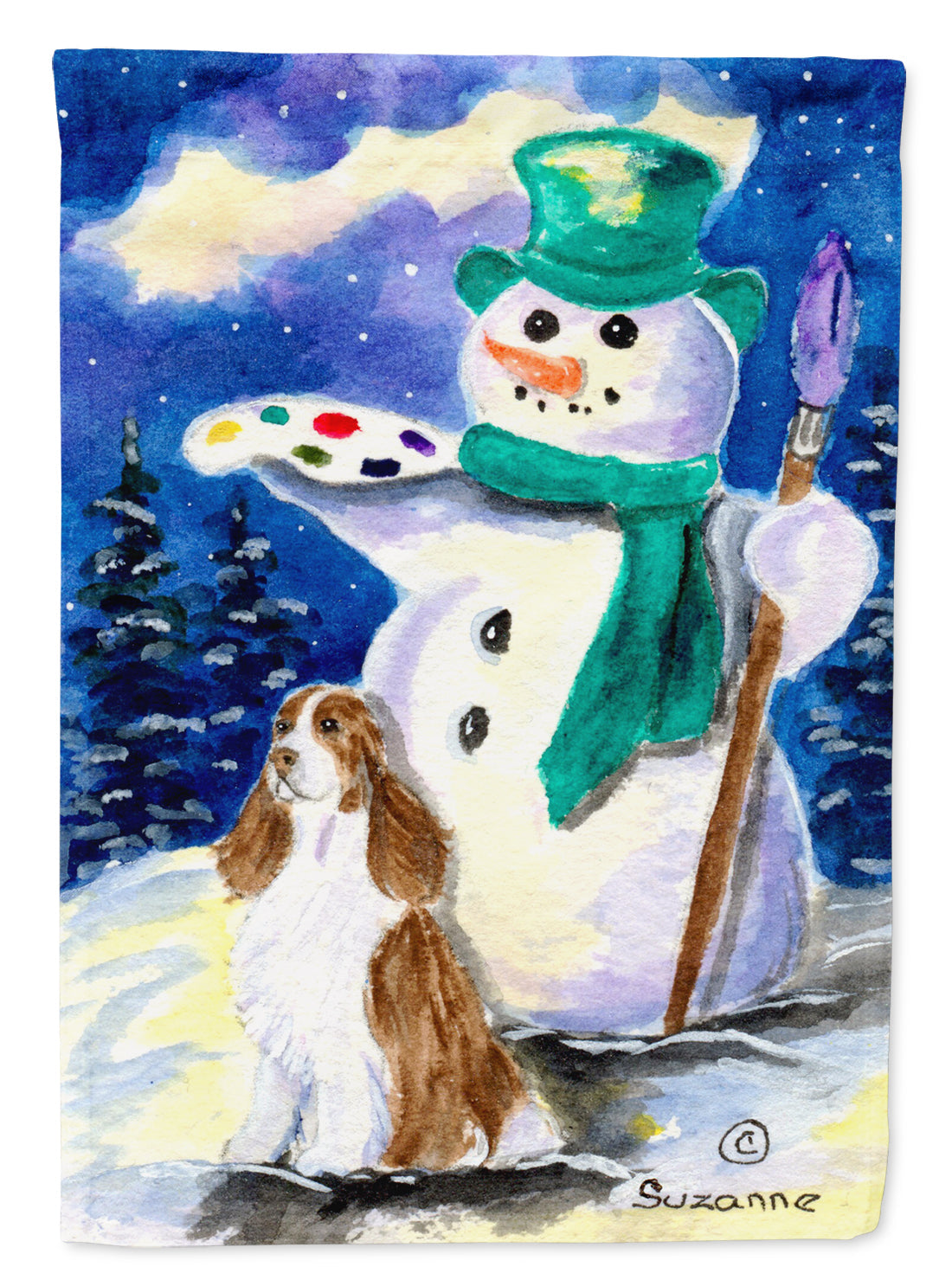 English Springer Spaniel with Artist Snowman Garden Flag Mailbox Decorative Yard Banner Outside Patio Artwork for Flower Beds, Garden Size, Multicolor