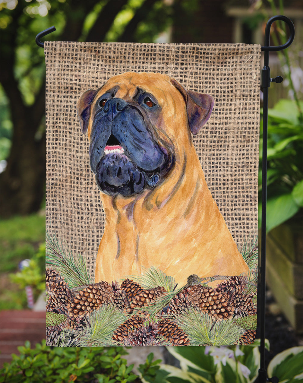 Bullmastiff on Faux Burlap with Pine Cones Garden Flag Mailbox Decorative Yard Banner Outside Patio Artwork for Flower Beds, Garden Size, Multicolor