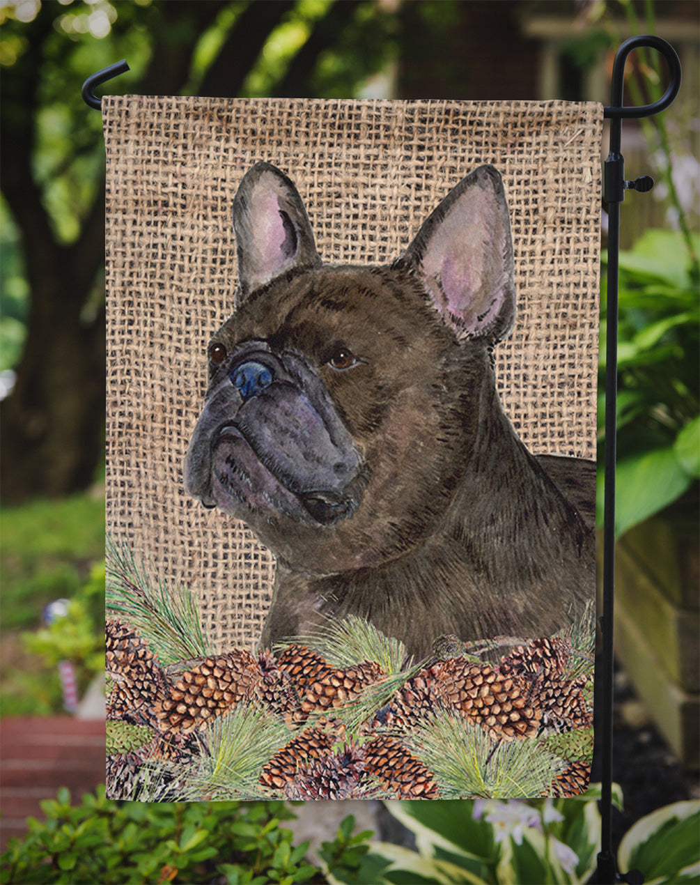 French Bulldog on Faux Burlap with Pine Cones Garden Flag Mailbox Decorative Yard Banner Outside Patio Artwork for Flower Beds, Garden Size, Multicolor