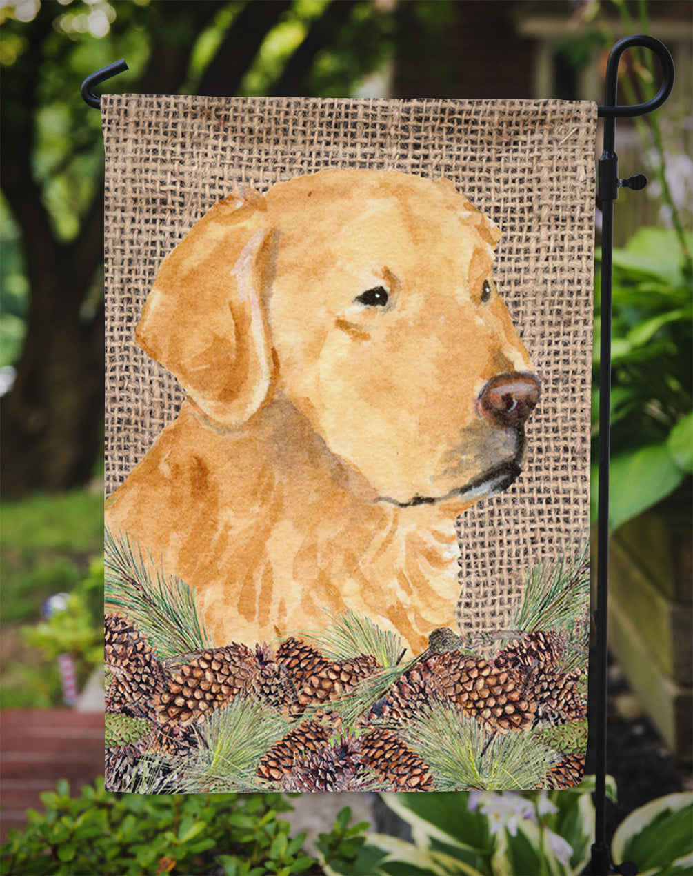 Golden Retriever on Faux Burlap with Pine Cones Garden Flag Mailbox Decorative Yard Banner Outside Patio Artwork for Flower Beds, Garden Size, Multicolor