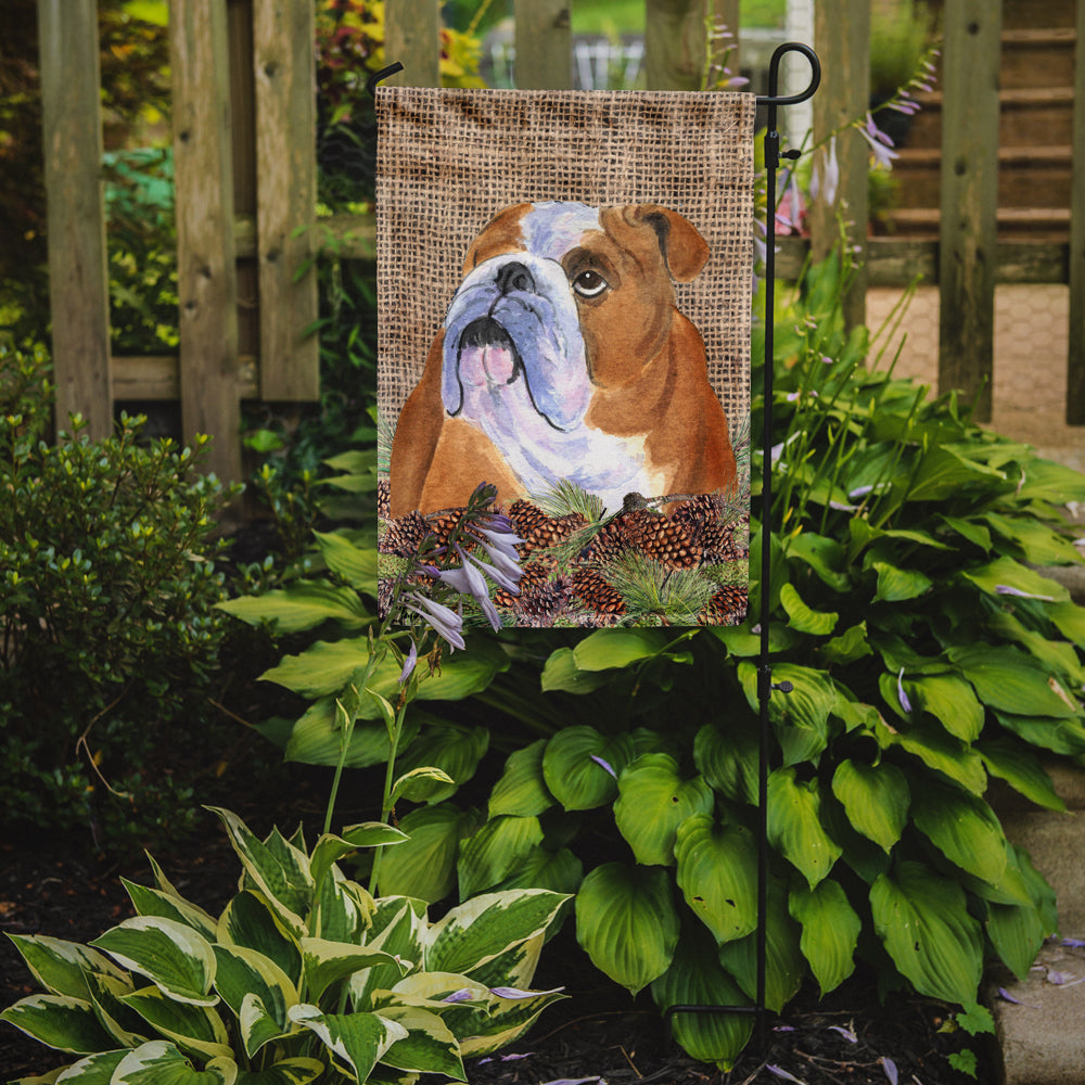 Bulldog English on Faux Burlap with Pine Cones Garden Flag Mailbox Decorative Yard Banner Outside Patio Artwork for Flower Beds, Garden Size, Multicolor