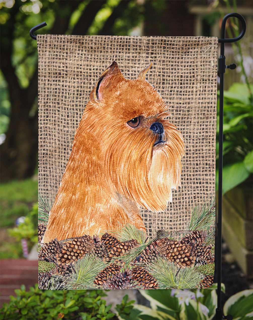 Brussels Griffon on Faux Burlap with Pine Cones Garden Flag Mailbox Decorative Yard Banner Outside Patio Artwork for Flower Beds, Garden Size, Multicolor