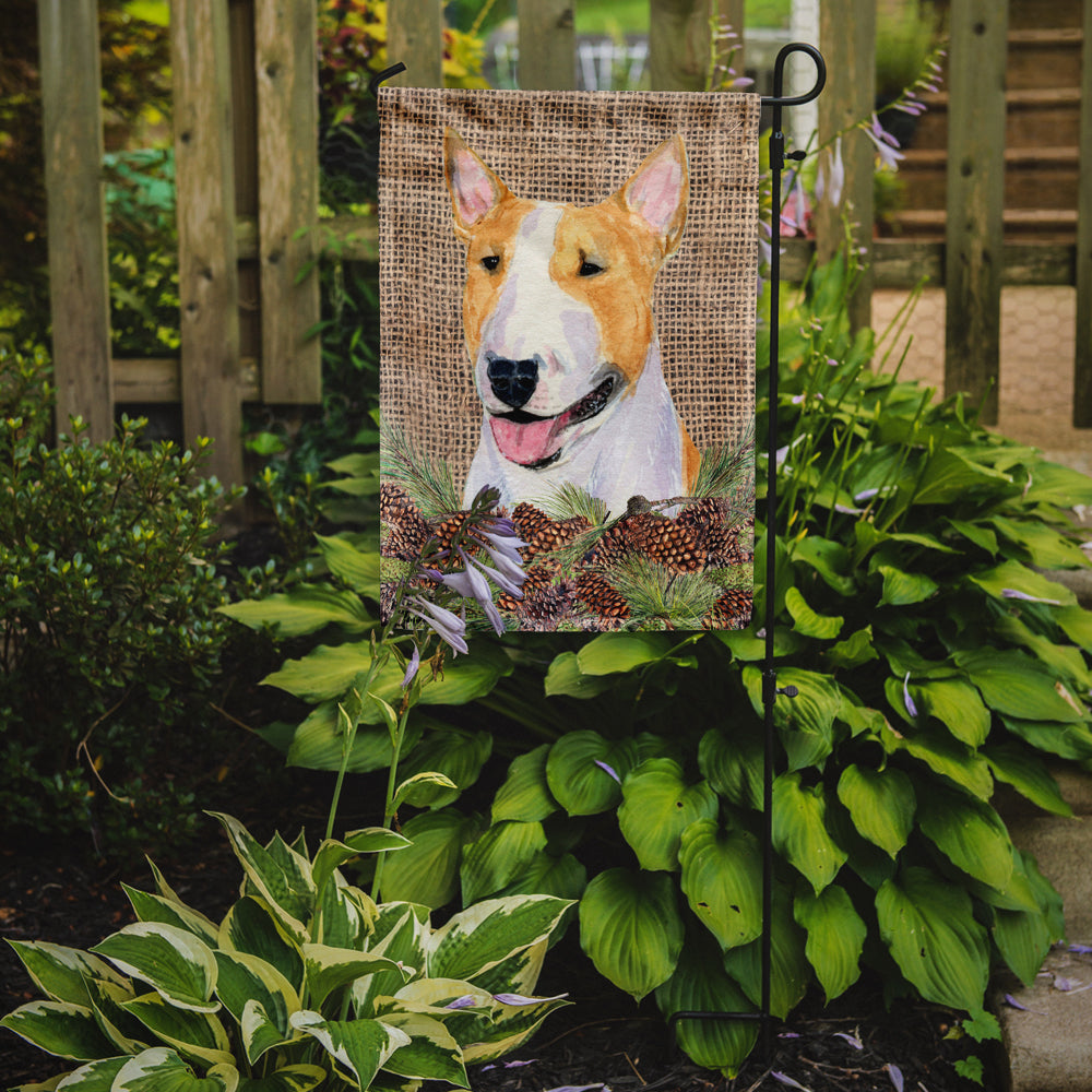 Bull Terrier on Faux Burlap with Pine Cones Garden Flag Mailbox Decorative Yard Banner Outside Patio Artwork for Flower Beds, Garden Size, Multicolor