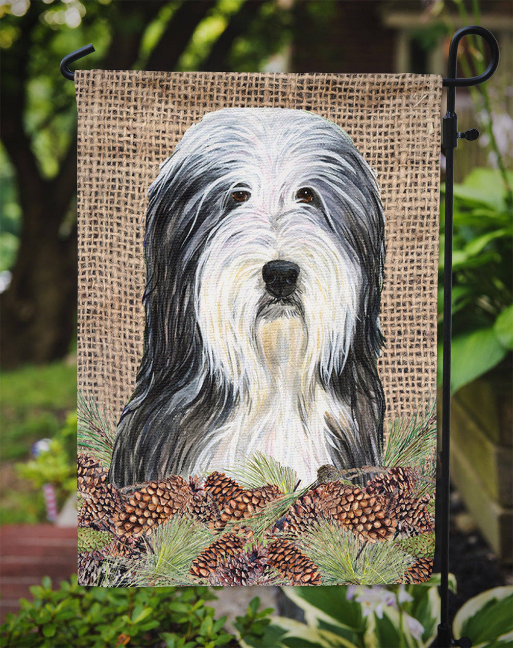 Bearded Collie on Faux Burlap with Pine Cones Garden Flag Mailbox Decorative Yard Banner Outside Patio Artwork for Flower Beds, Garden Size, Multicolor