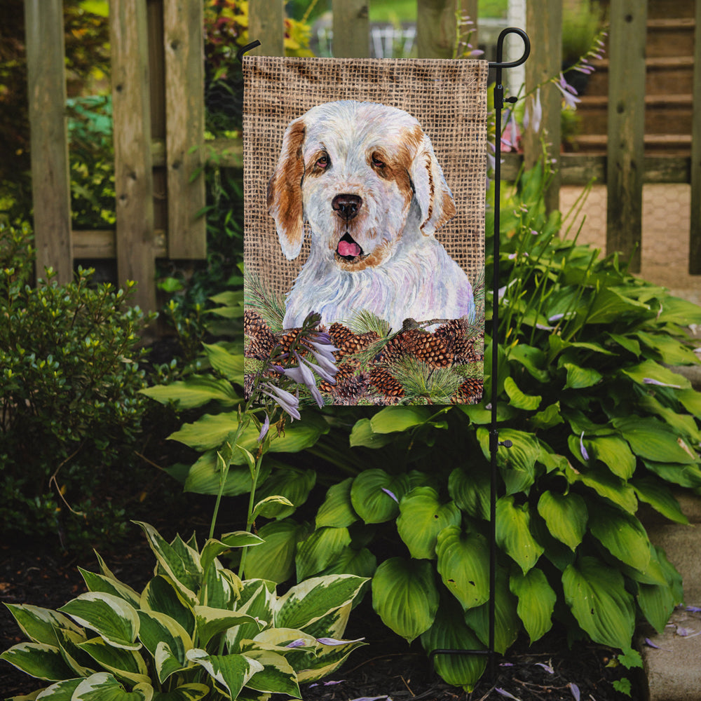 Clumber Spaniel on Faux Burlap with Pine Cones Garden Flag Mailbox Decorative Yard Banner Outside Patio Artwork for Flower Beds, Garden Size, Multicolor