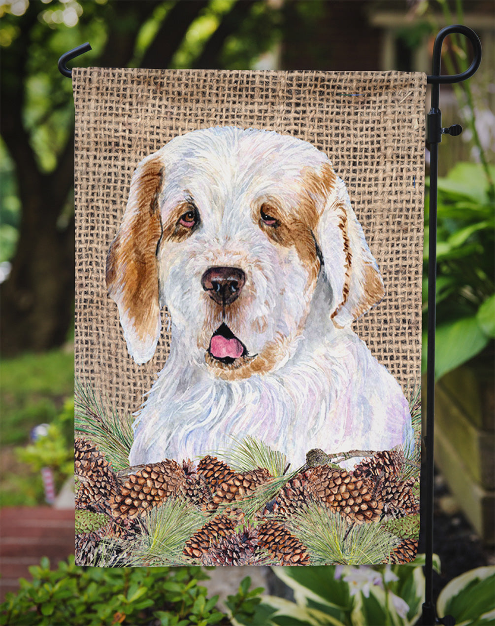 Clumber Spaniel on Faux Burlap with Pine Cones Garden Flag Mailbox Decorative Yard Banner Outside Patio Artwork for Flower Beds, Garden Size, Multicolor