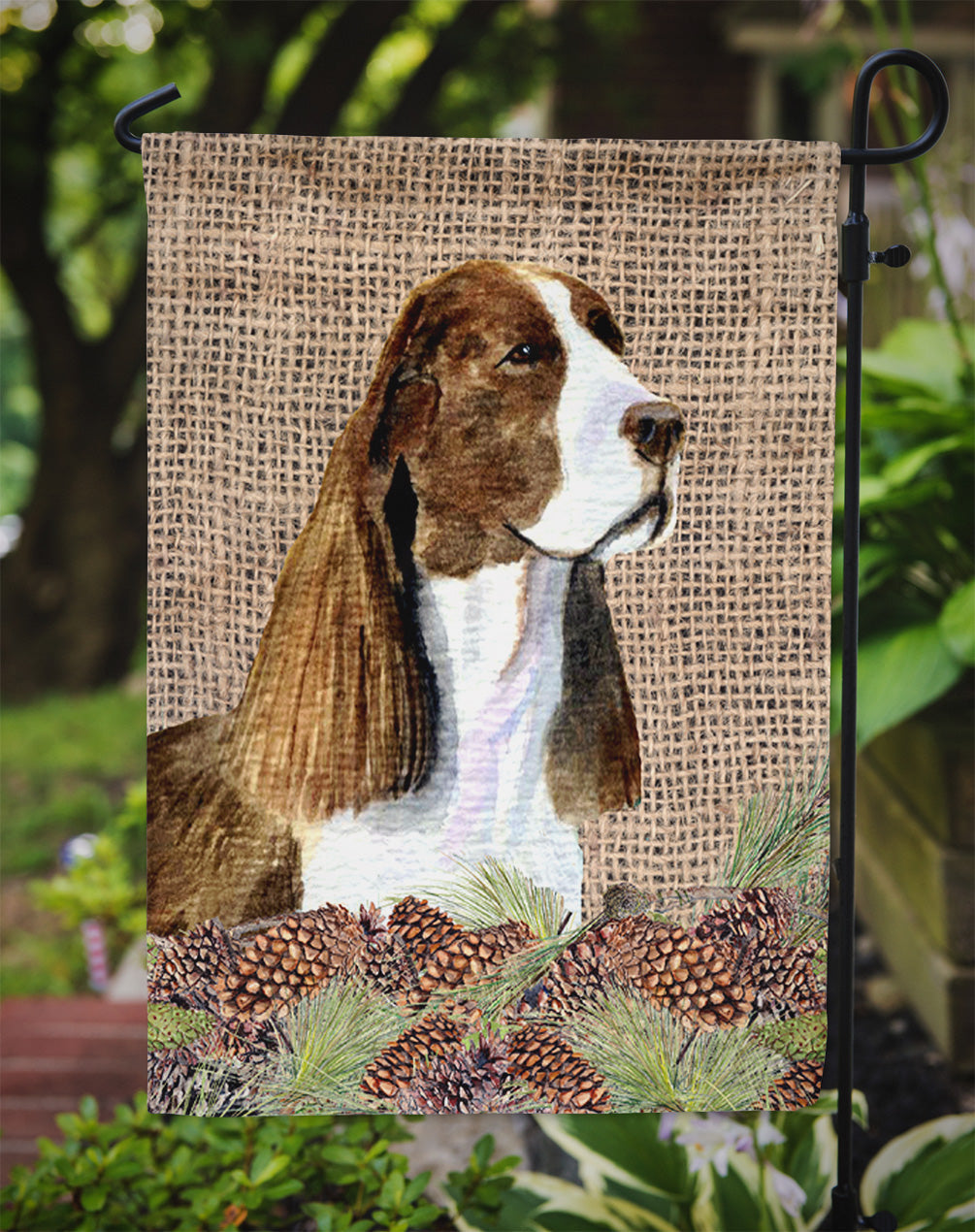 Springer Spaniel on Faux Burlap with Pine Cones Garden Flag Mailbox Decorative Yard Banner Outside Patio Artwork for Flower Beds, Garden Size, Multicolor