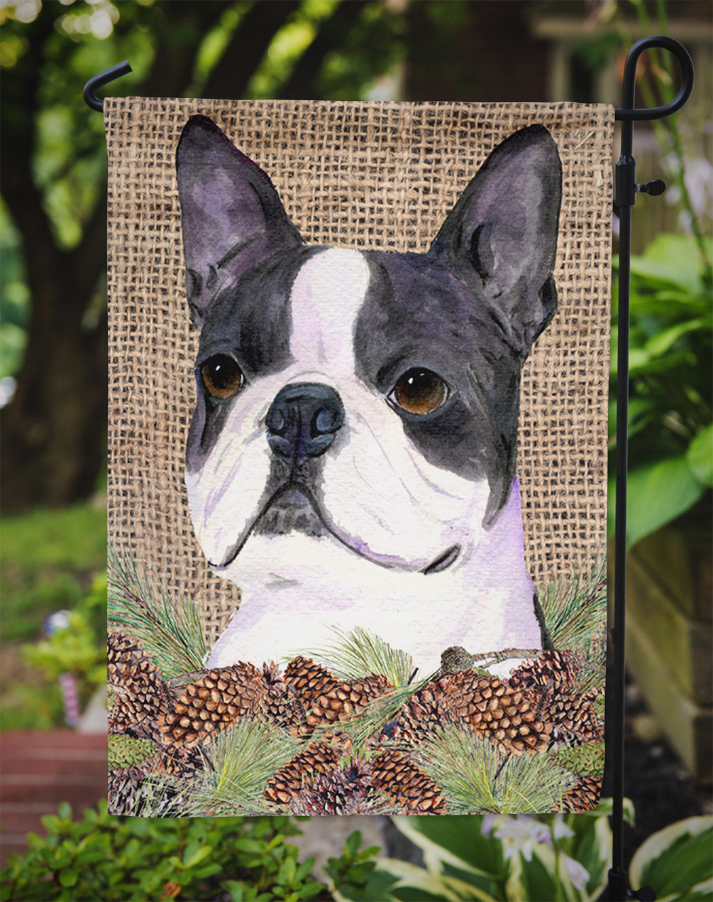 Boston Terrier on Faux Burlap with Pine Cones Garden Flag Mailbox Decorative Yard Banner Outside Patio Artwork for Flower Beds, Garden Size, Multicolor