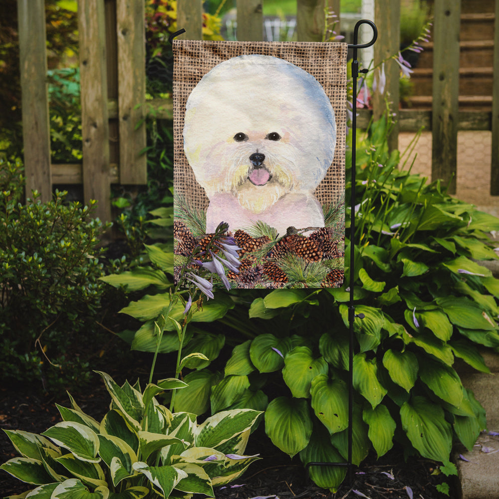 Bichon Frise on Faux Burlap with Pine Cones Garden Flag Mailbox Decorative Yard Banner Outside Patio Artwork for Flower Beds, Garden Size, Multicolor