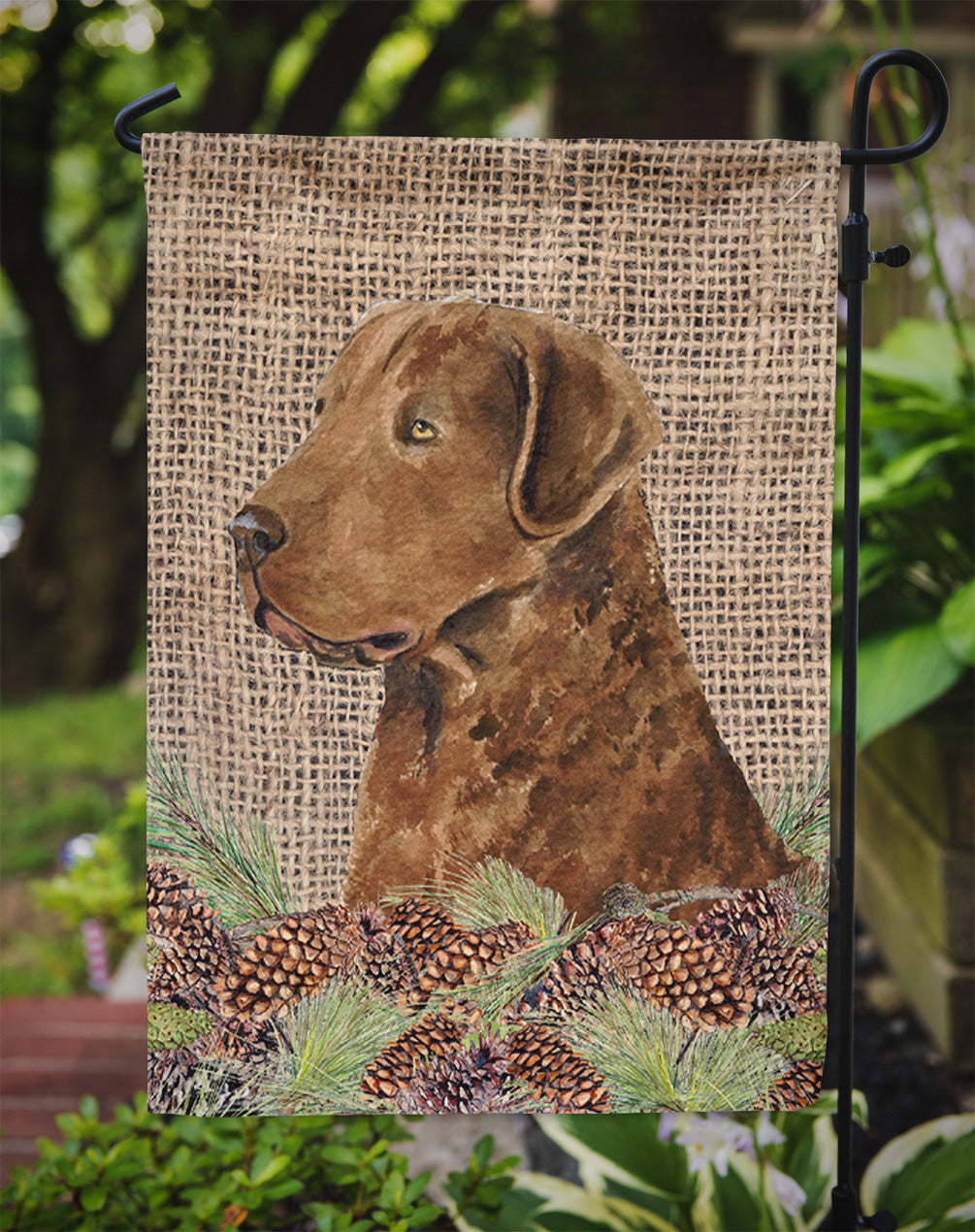 Curly Coated Retriever on Faux Burlap with Pine Cones Garden Flag Mailbox Decorative Yard Banner Outside Patio Artwork for Flower Beds, Garden Size, Multicolor